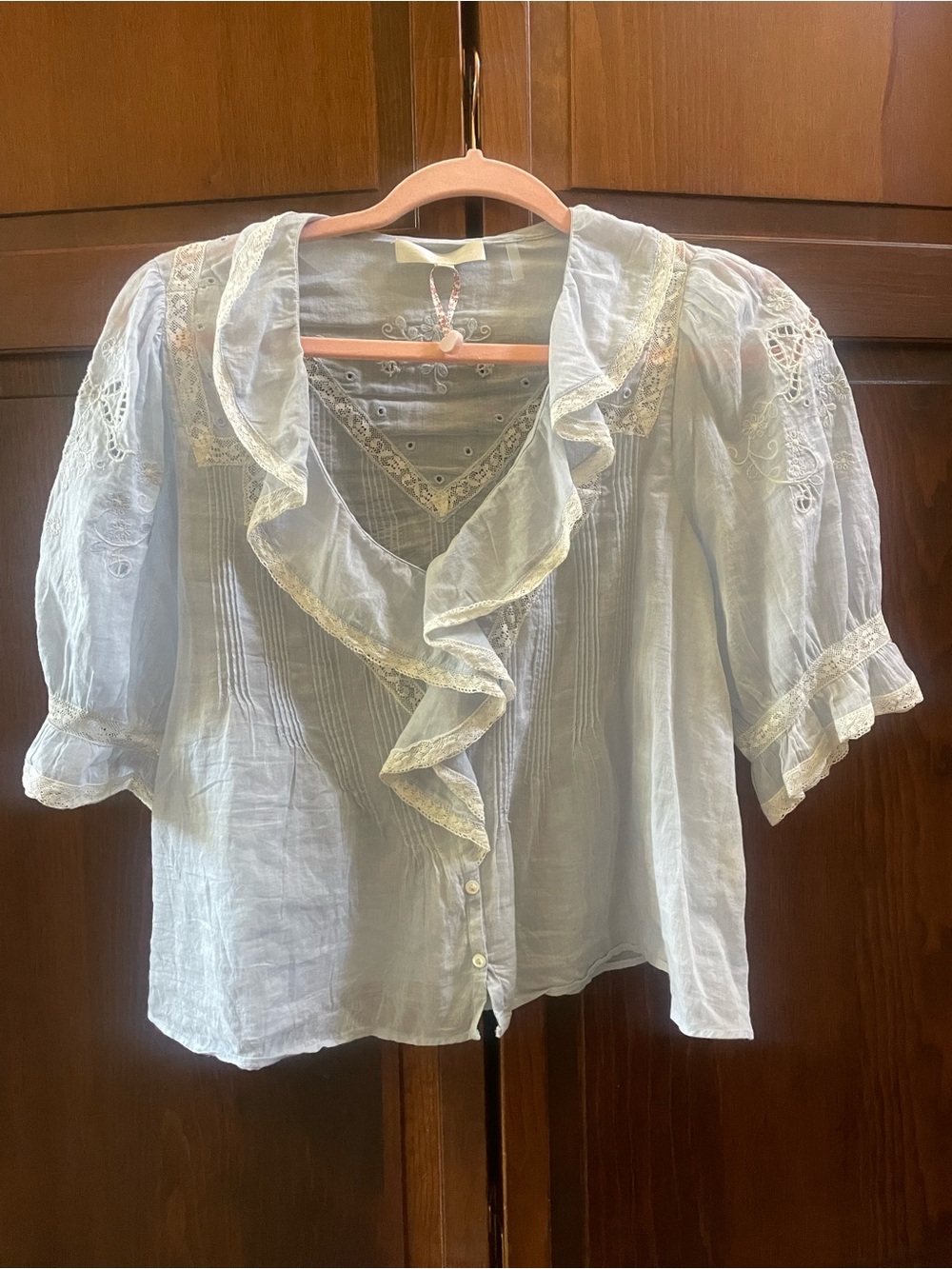 LoveShackFancy Light Blue Ruffle Lace-Trim Blouse